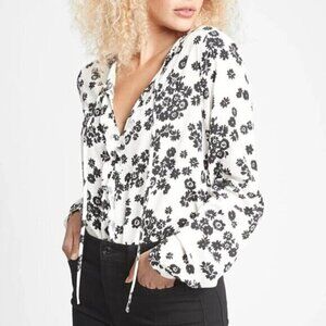 GAP Patterned V-Neck Blouse White Black Floral Boho Long Sleeve Tie Neck Blouse